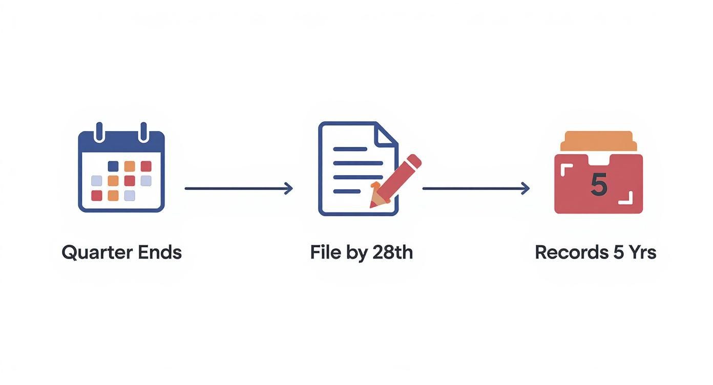 Infographic illustrating a three-step tax compliance process: quarter ends, file by 28th, and retain records for 5 years.