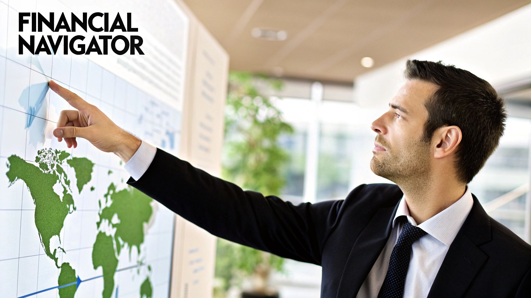 A financial navigator using a tablet to chart a course through complex data visualizations