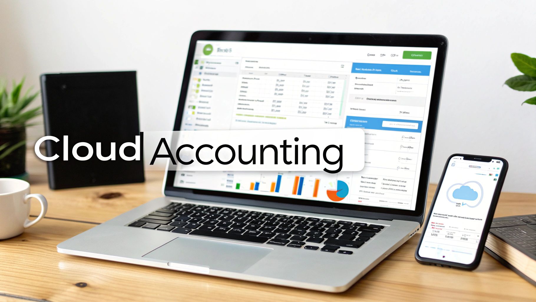 A laptop displaying cloud accounting software with a smartphone showing a cloud icon, emphasizing digital finance.