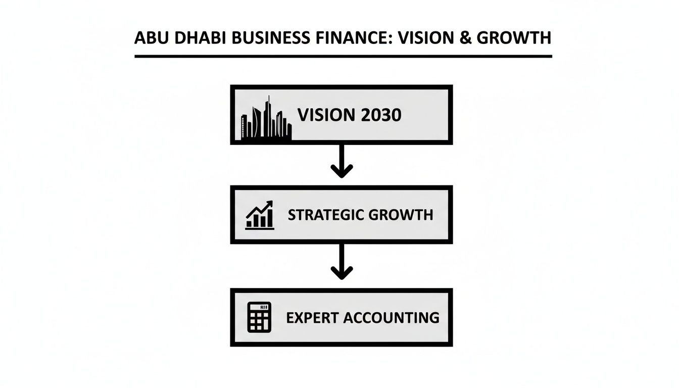 Flowchart illustrating Abu Dhabi business finance vision 2030, strategic growth, and expert accounting.