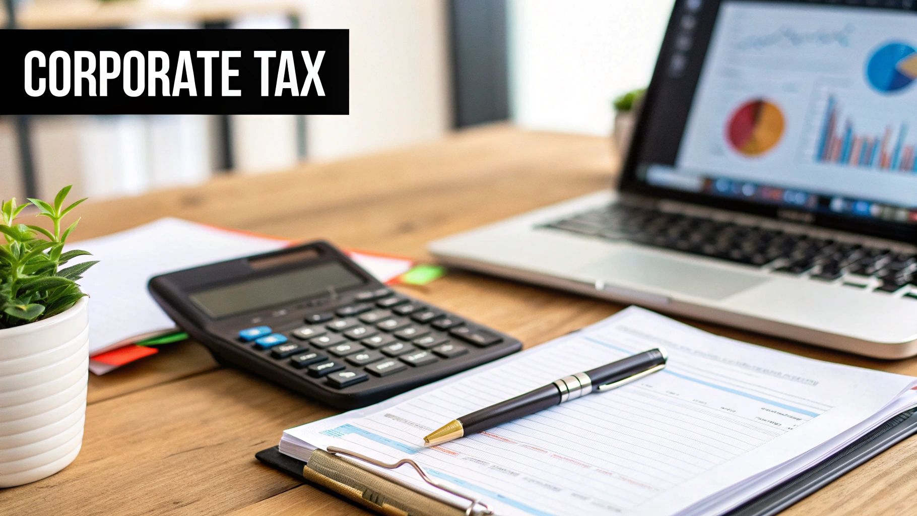 A desk setup with 'CORPORATE TAX' text, calculator, papers, pen, plant, and laptop displaying financial charts.