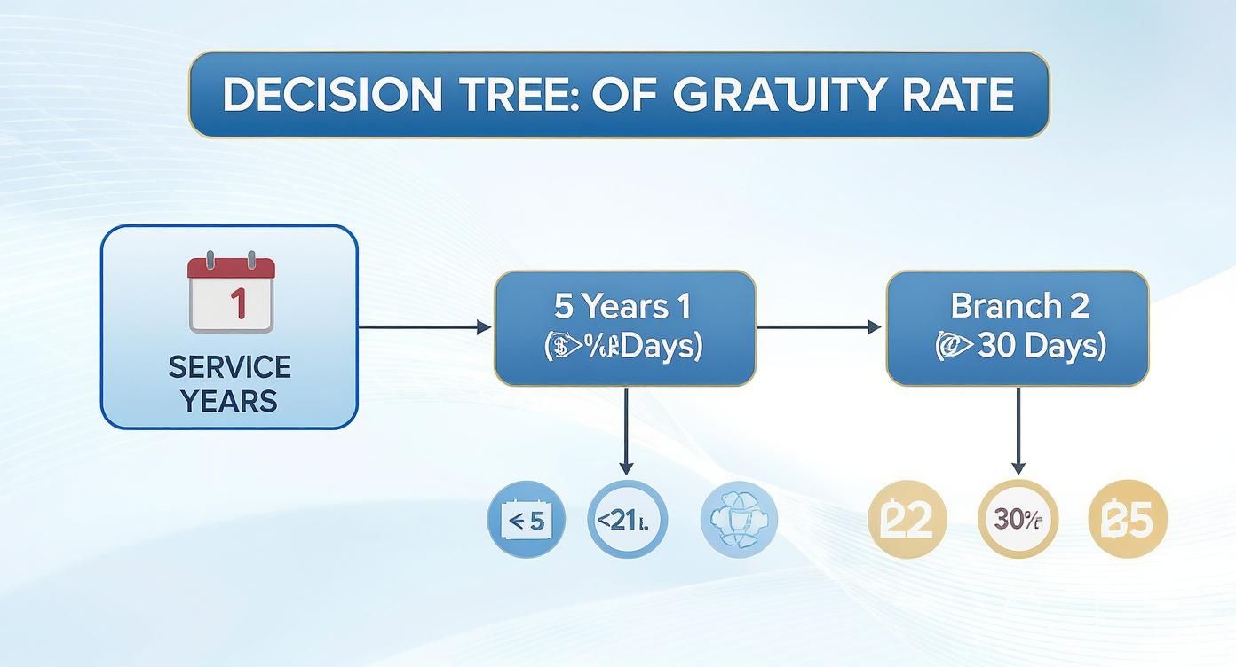 A decision tree flowchart illustrating the calculation of gratuity rate based on service years and other conditions.