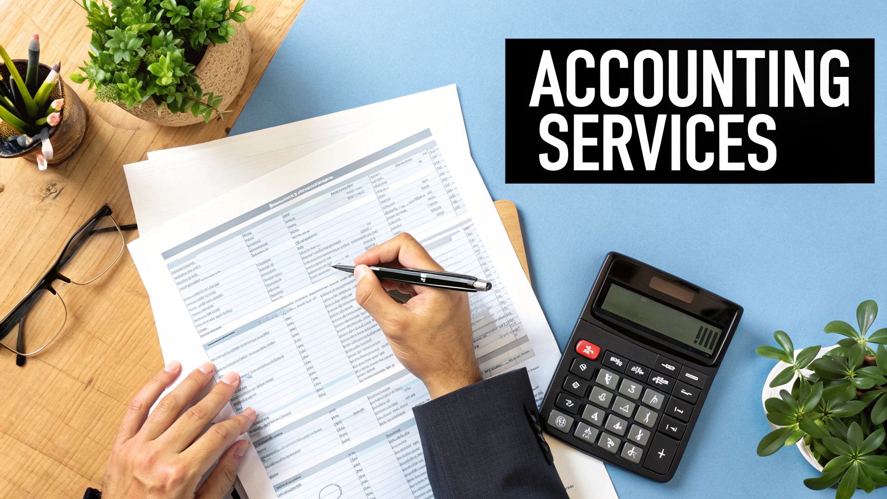 Overhead shot of a person's hands working on financial documents with a calculator and "ACCOUNTING SERVICES" text.