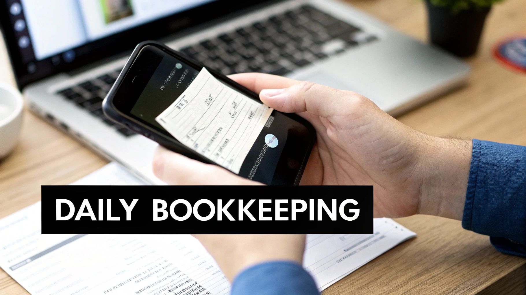 An Abu Dhabi e-commerce store owner uses the Wafeq mobile app to scan a receipt, managing daily bookkeeping with ease.