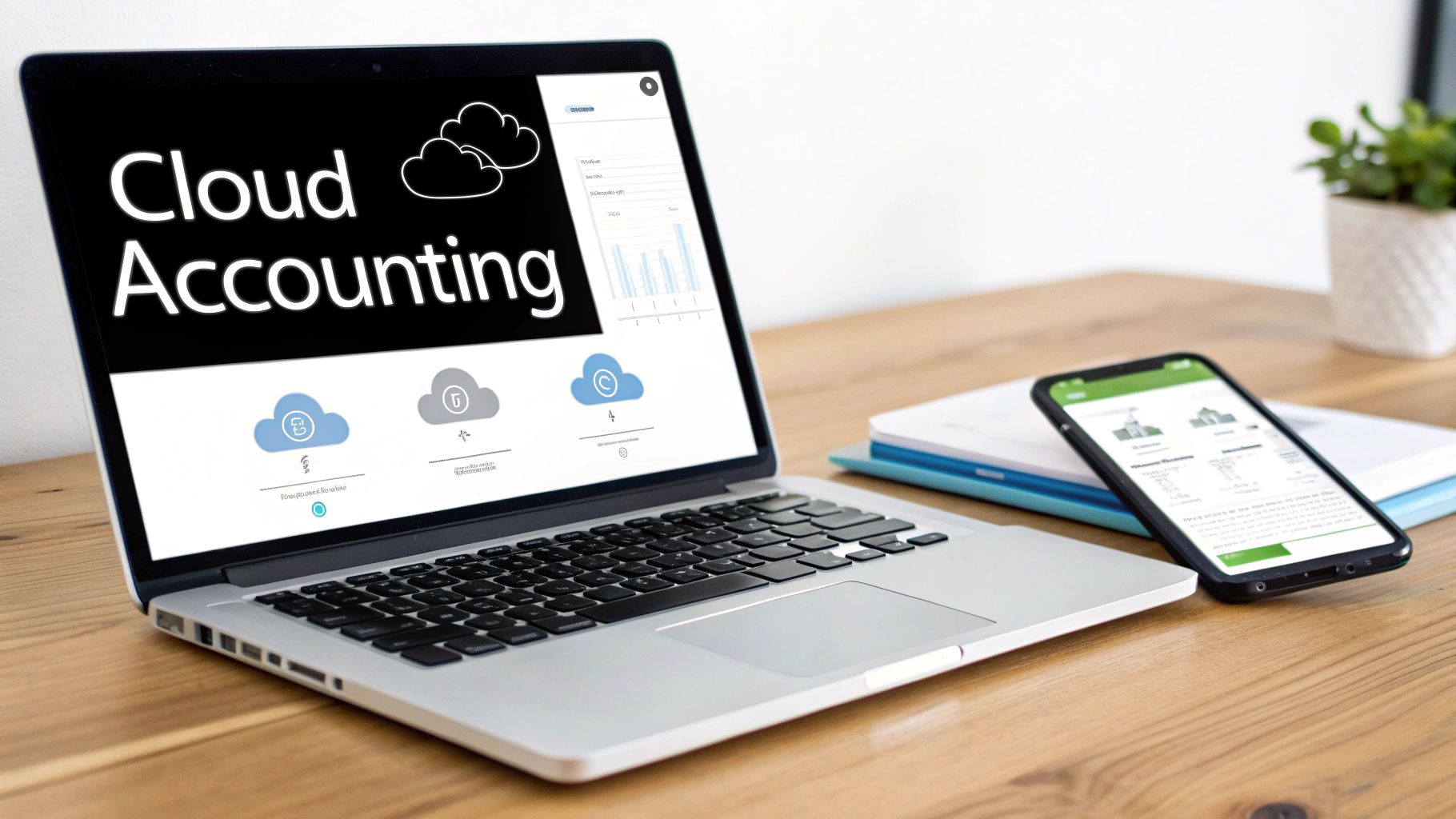 A laptop screen displays 'Cloud Accounting' with cloud icons and charts, alongside a smartphone showing an accounting app on a wooden desk.