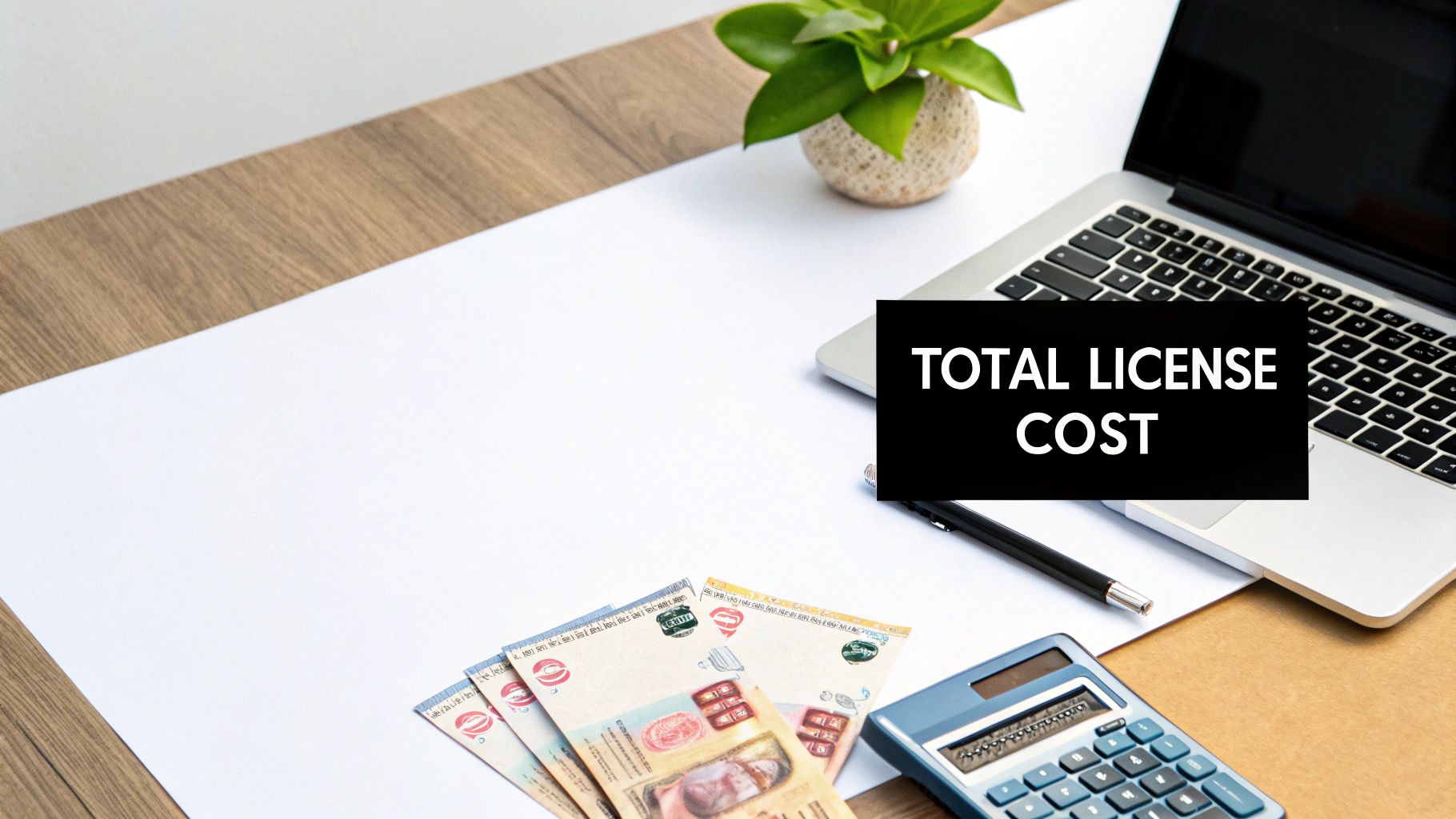 A desk setup with a laptop, calculator, money, and a plant, displaying 'TOTAL LICENSE COST'.
