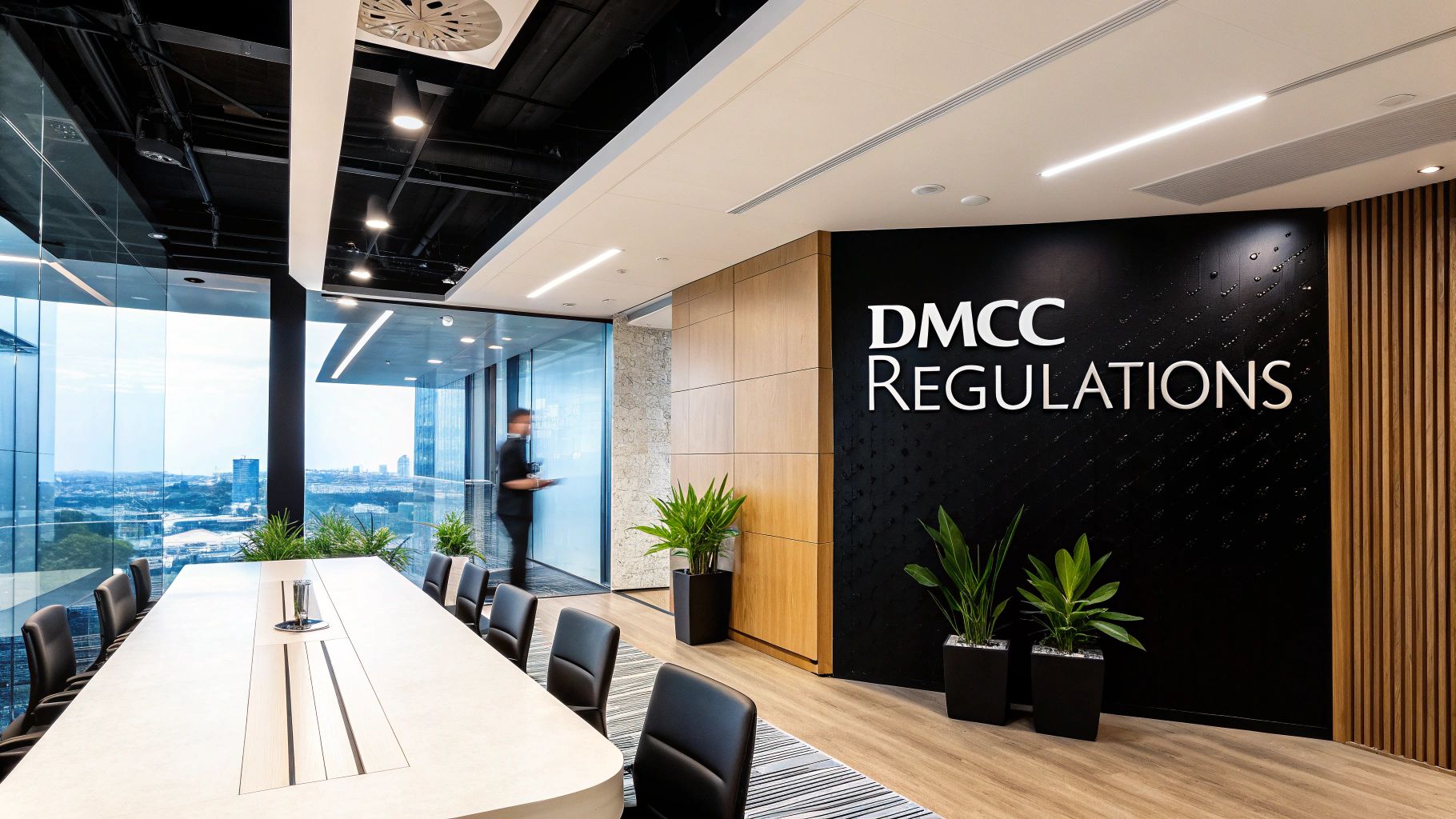 A sleek, modern office meeting room with a long conference table, chairs, and plants. The black wall features 'DMCC REGULATIONS' text, with a city skyline visible through large windows.