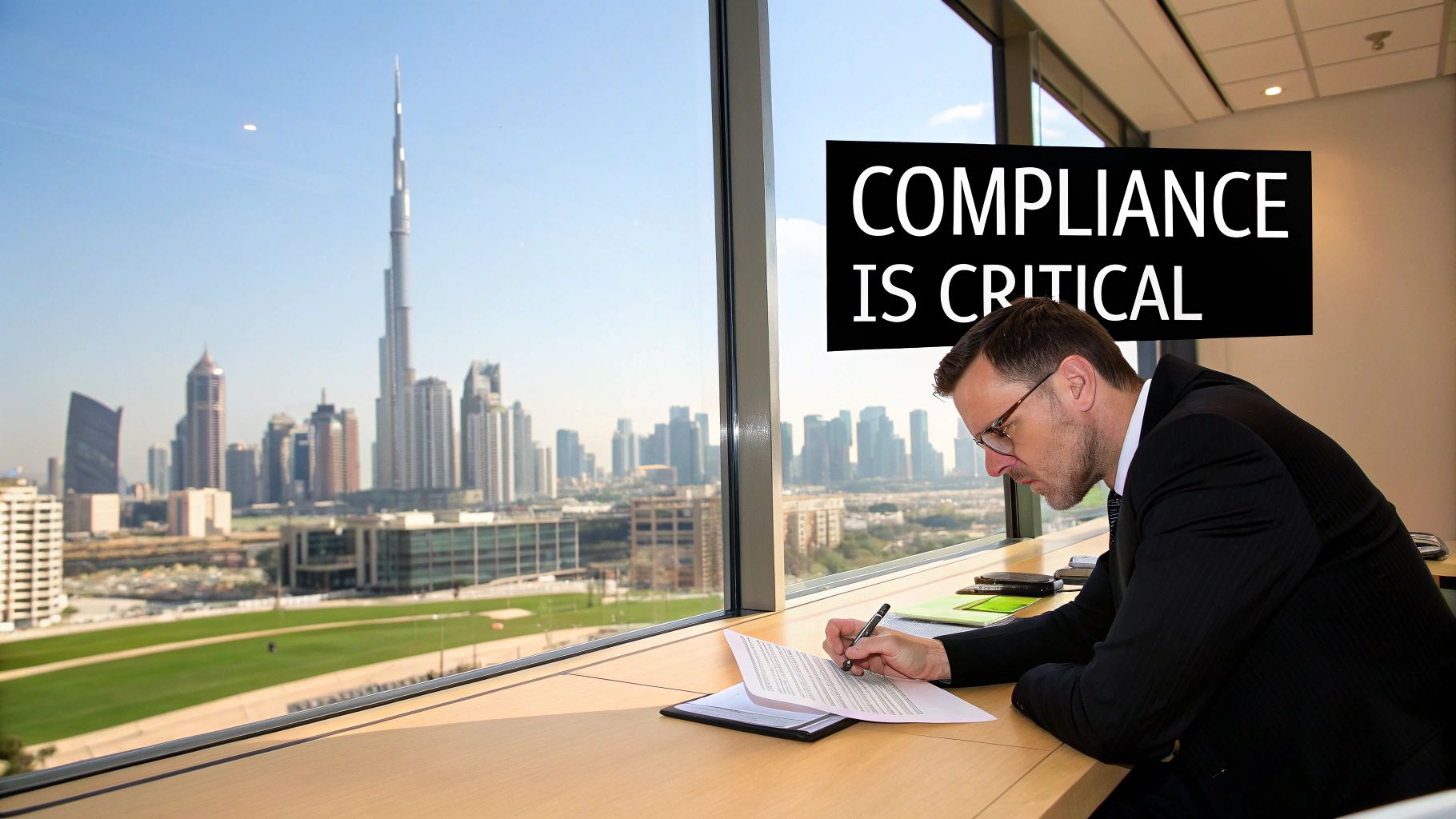 Business professionals collaborating on financial reports in a modern office