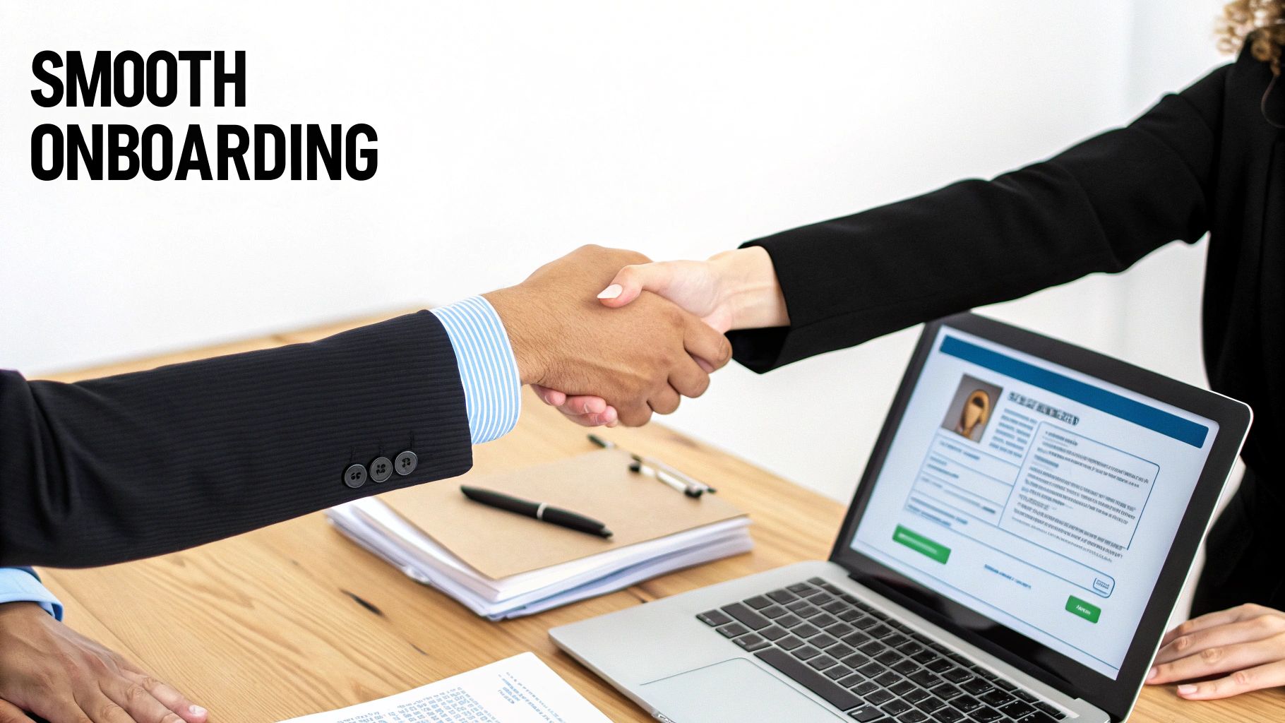 Two professionals shaking hands in a modern Dubai office, signifying a new business partnership.