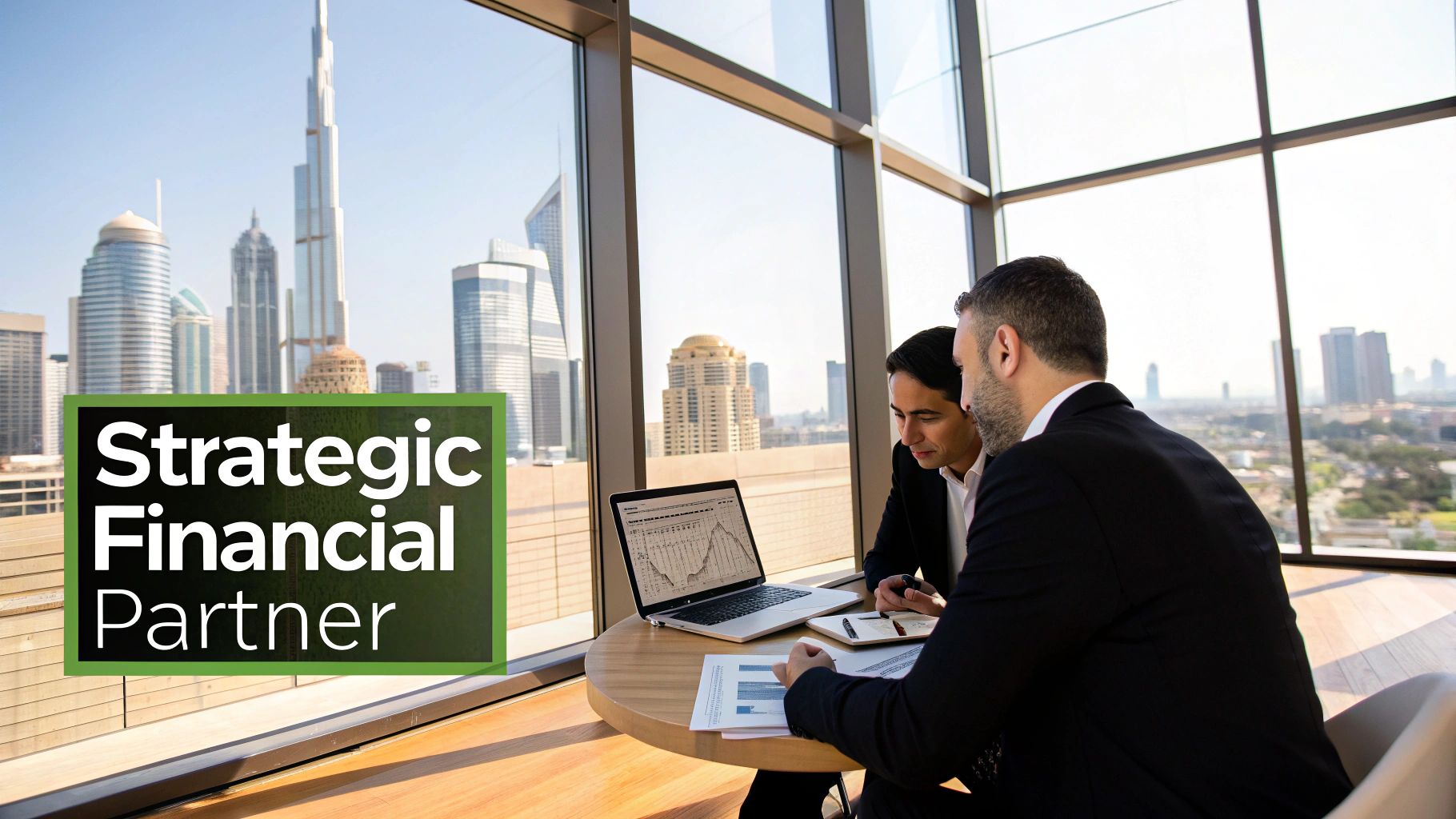 A group of professionals in a modern Dubai office collaborating on financial reports