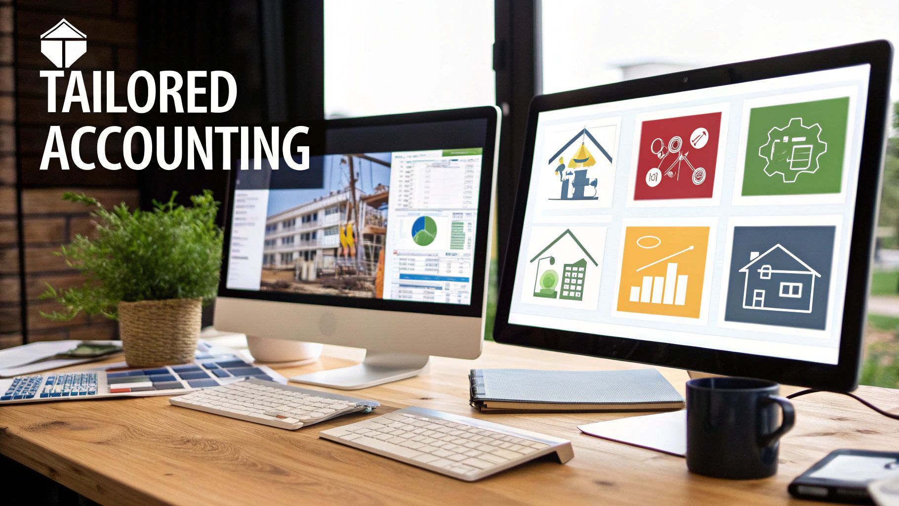 A modern office desk with two computer monitors displaying construction data and accounting icons.