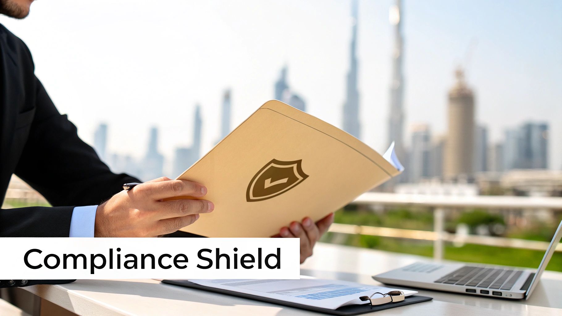 A businessman holding a compliance shield folder overlooking a city skyline with a laptop.