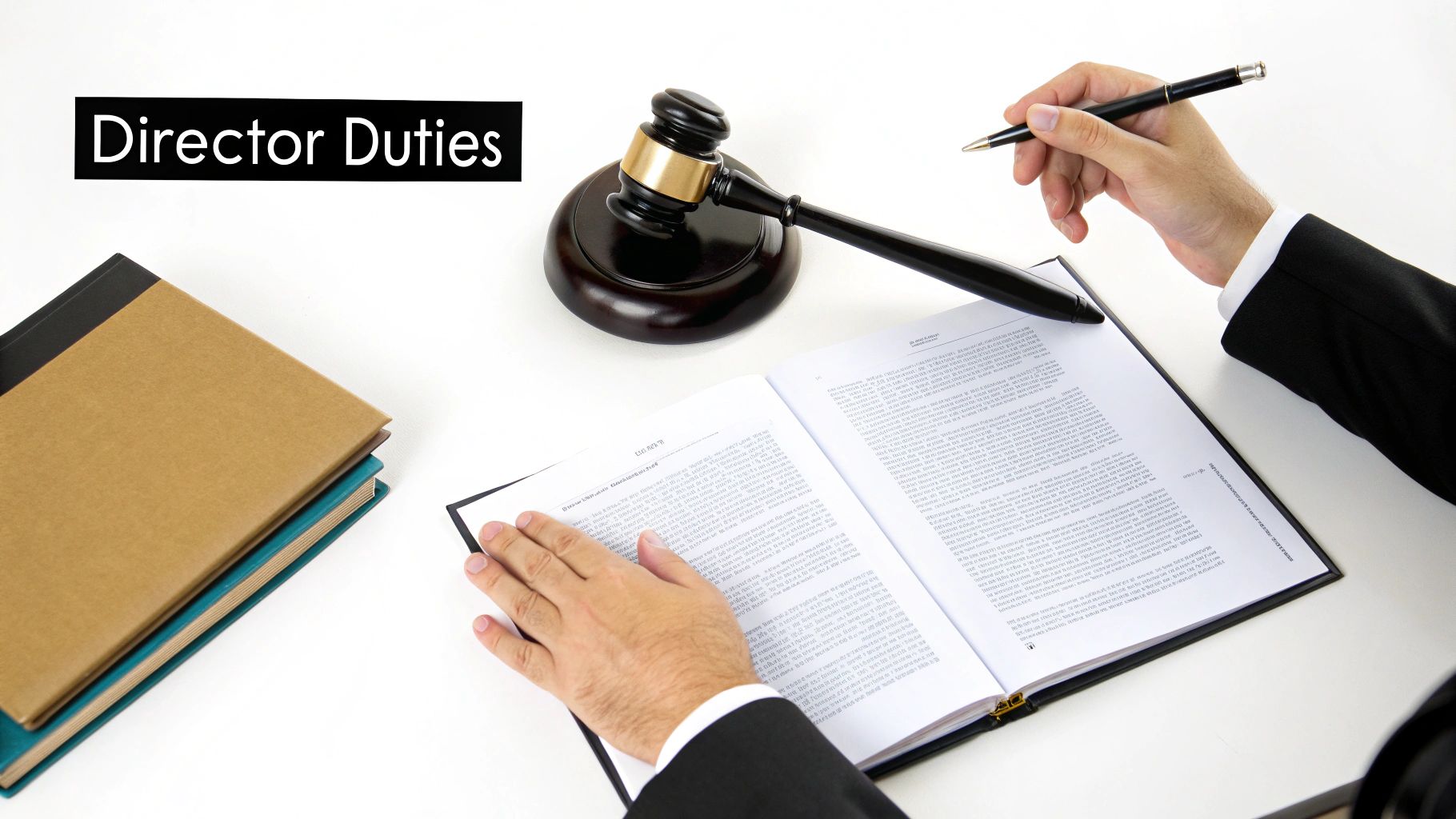 A professional reads a book on 'Director Duties', with a gavel and stacked books, symbolizing legal corporate responsibilities.