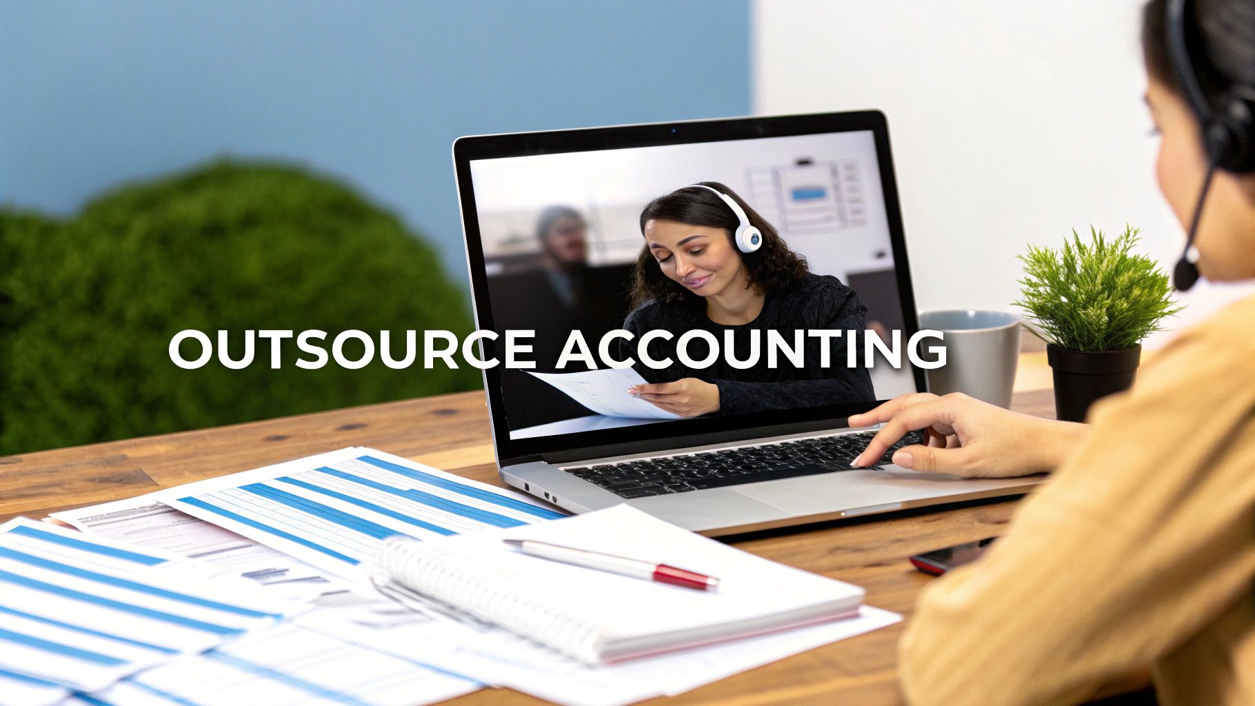 Person working on laptop in video call with accountant, discussing documents for outsourced accounting.