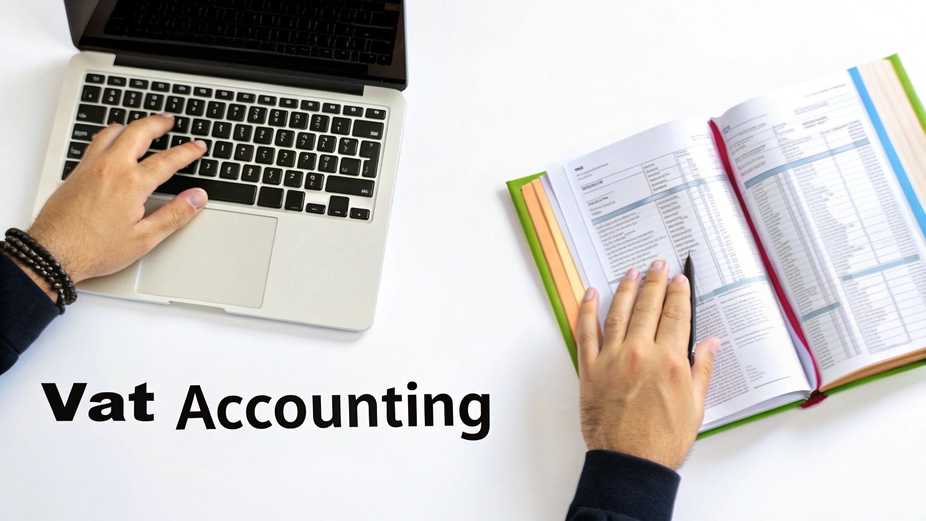 Overhead view of hands working on a laptop and reviewing an open accounting book, labeled 'Vat Accounting'.
