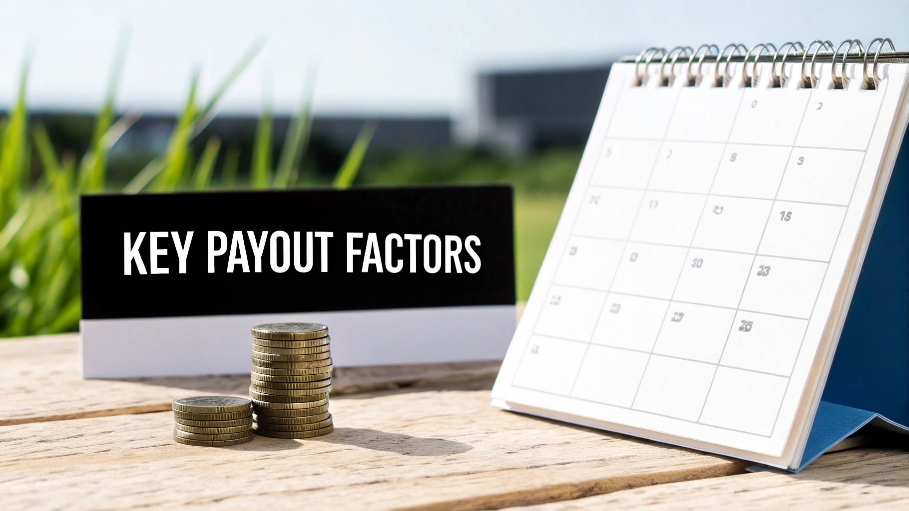 Calendar and stacked coins on desk illustrating key payout factors for financial planning