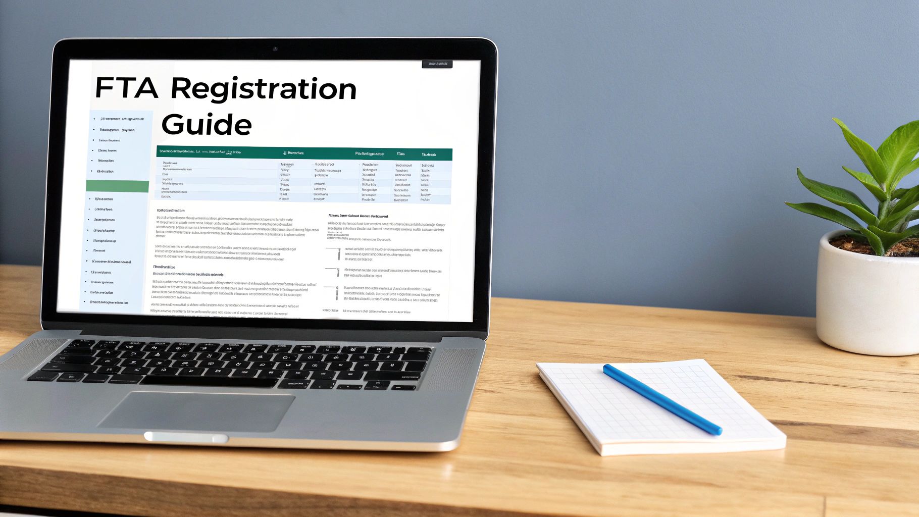 A laptop on a wooden desk displays a digital FTA Registration Guide document.
