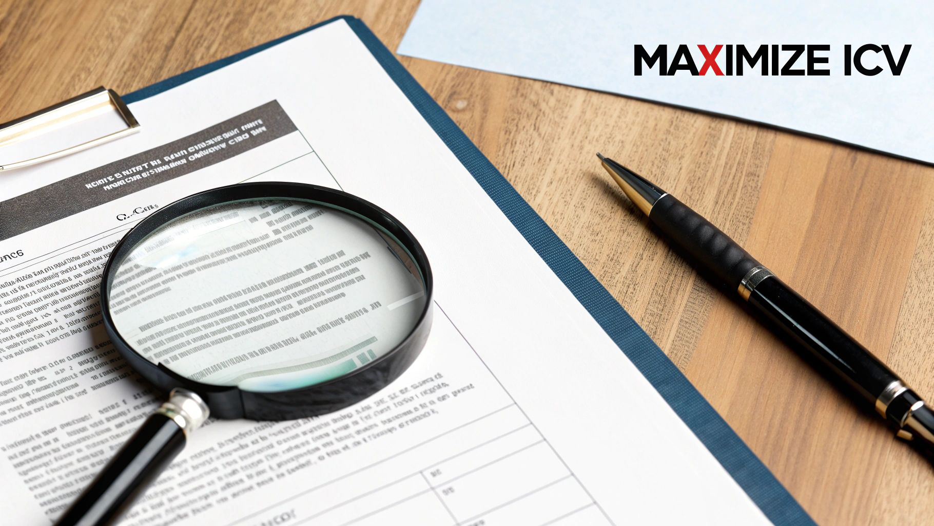 A magnifying glass on a document, a pen, and 'MAXIMIZE ICV' text on a wooden desk.