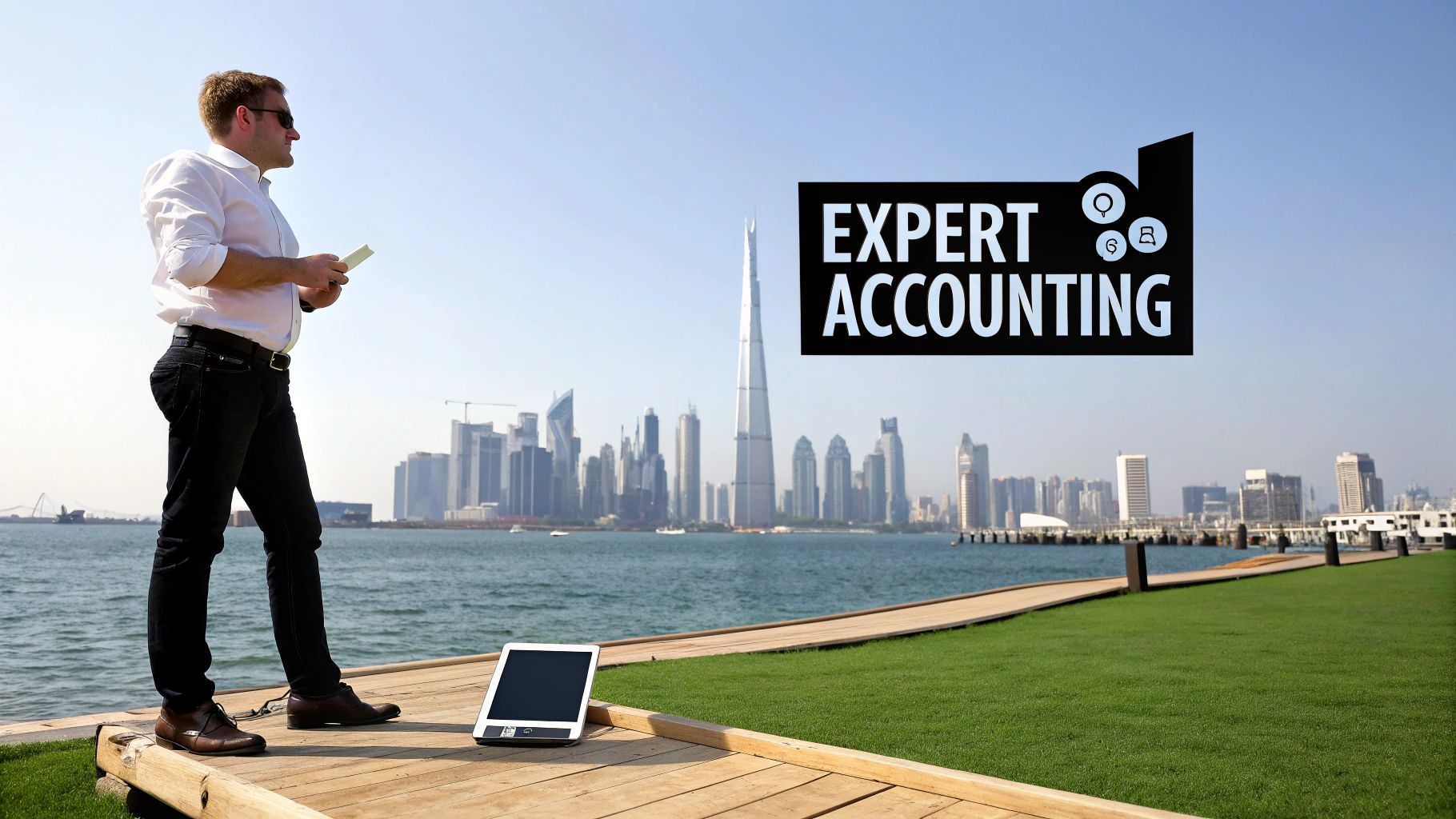 An image of business professionals in Dubai reviewing financial documents in a modern office setting, illustrating the concept of expert accounting services.