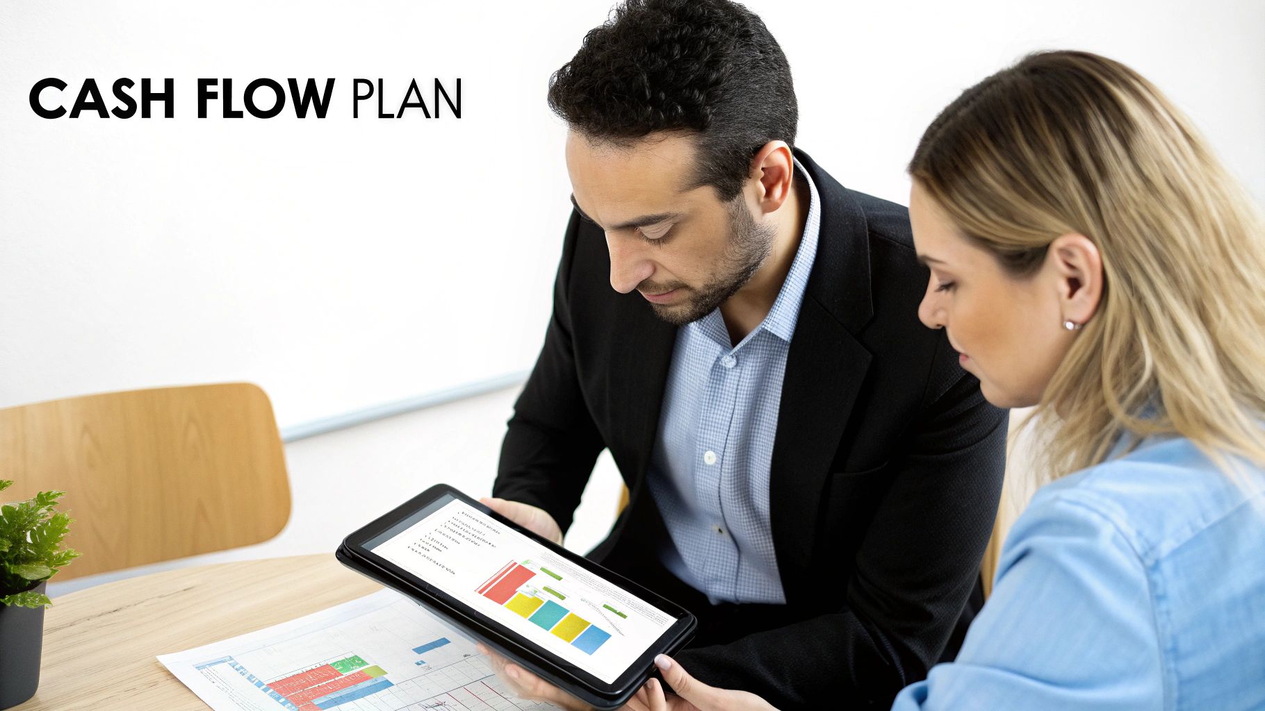 Two business professionals analyzing a cash flow plan on a tablet and printed charts.