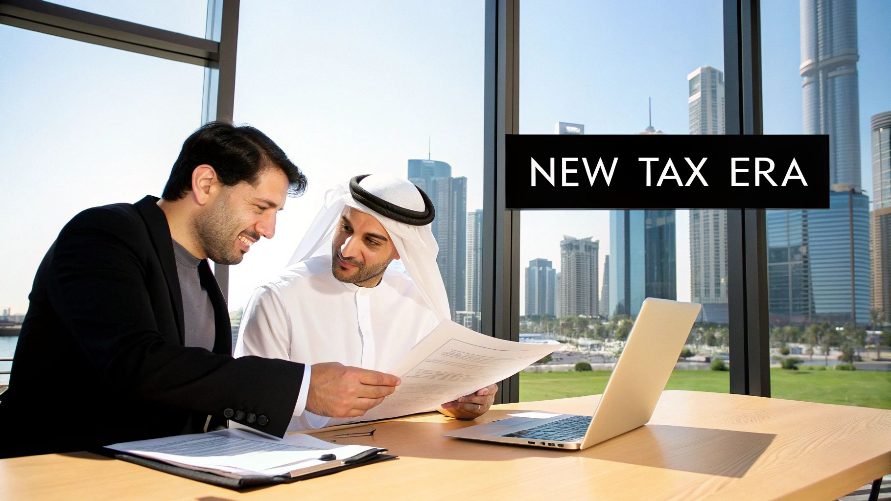 Two businessmen reviewing tax documents in a modern office overlooking a city skyline with 'NEW TAX ERA' banner.