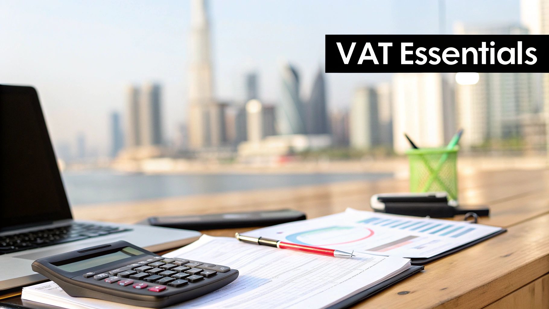 Desk with calculator, laptop, and documents for VAT essentials, overlooking a blurred Dubai cityscape.