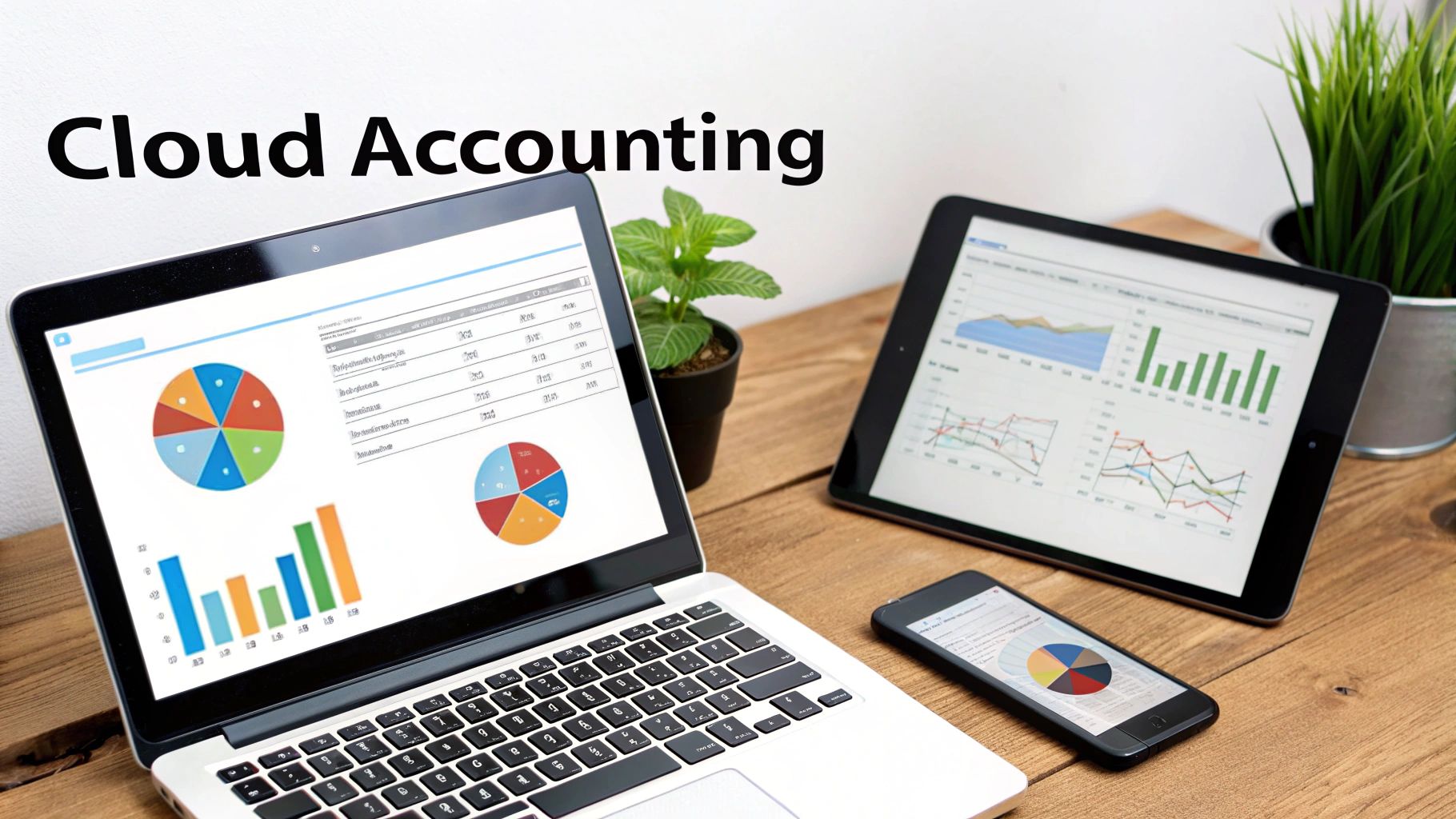 A laptop, tablet, and smartphone displaying cloud accounting data and various financial charts on a wooden desk.