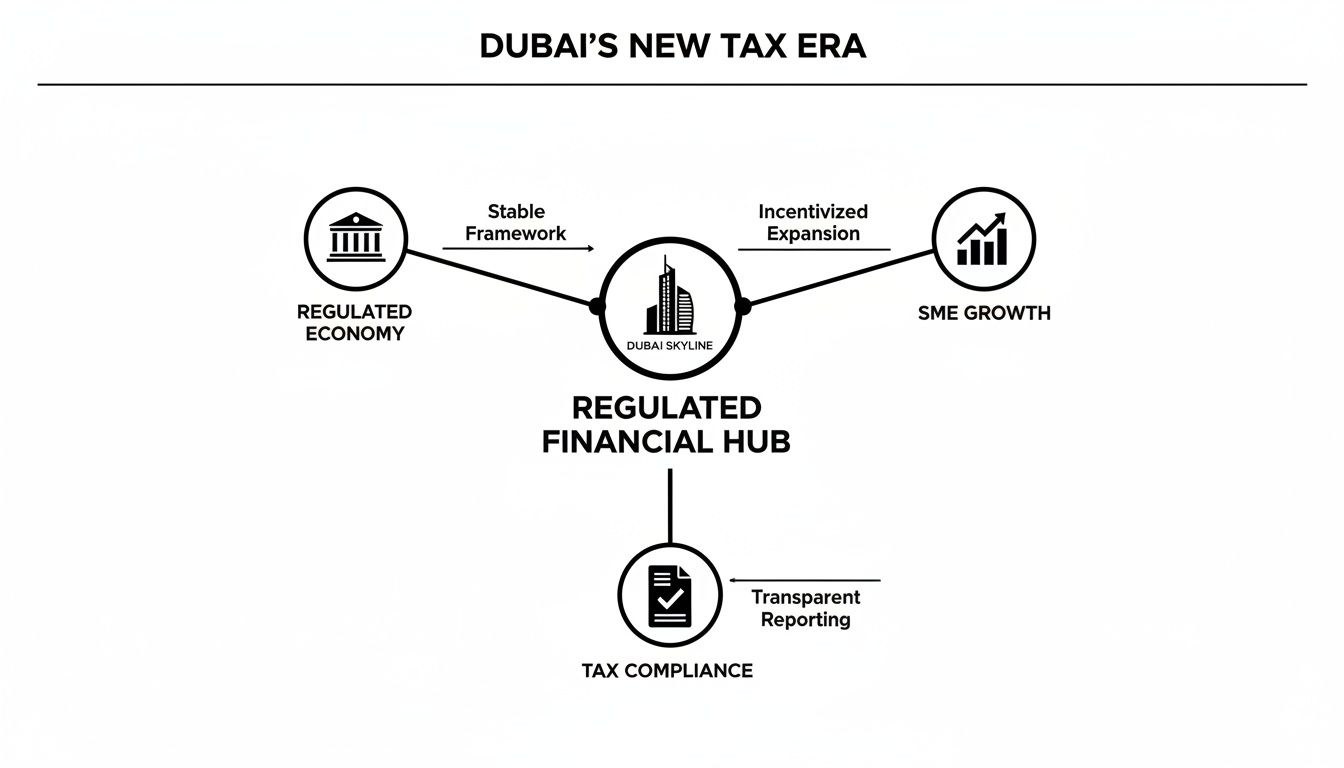 Diagram illustrating Dubai's new tax era, focusing on its regulated financial hub, economy, SME growth, and tax compliance.