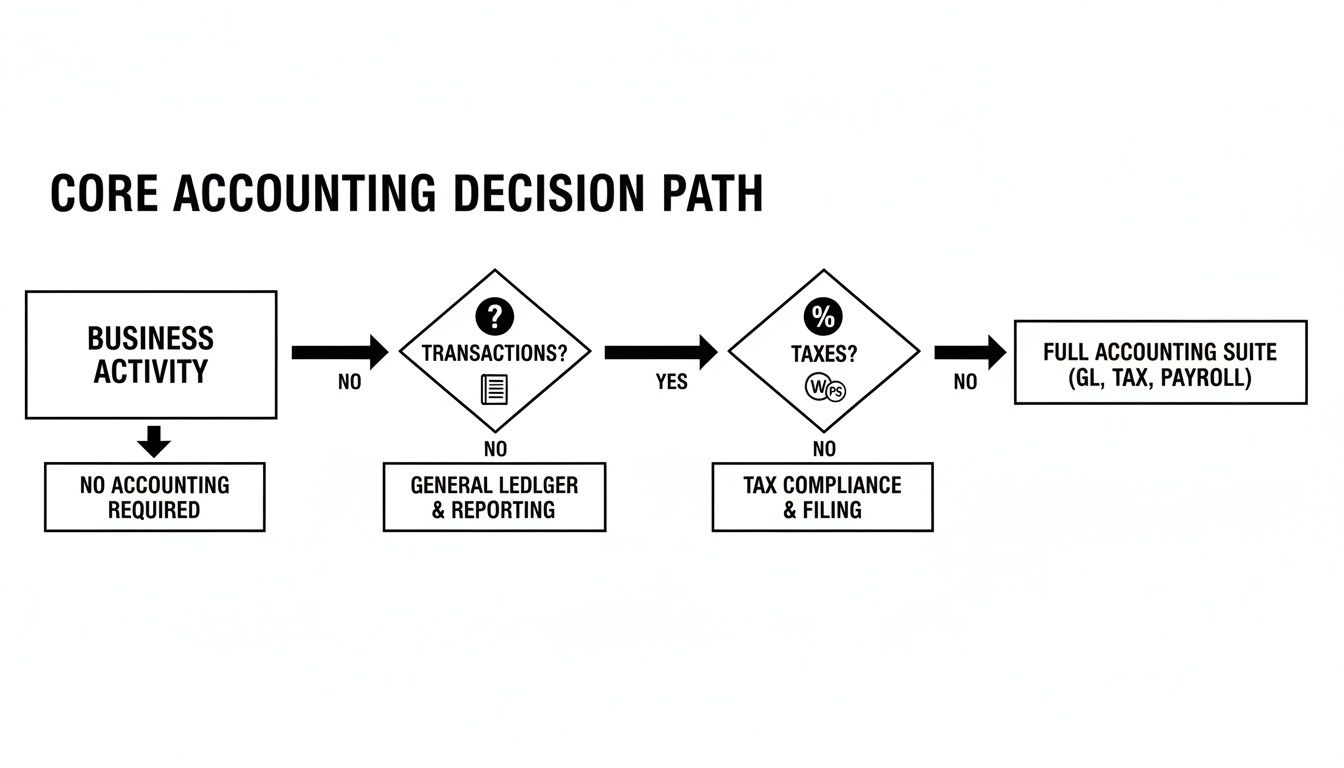 A flowchart outlining the core accounting decision path from business activity to full accounting suite.