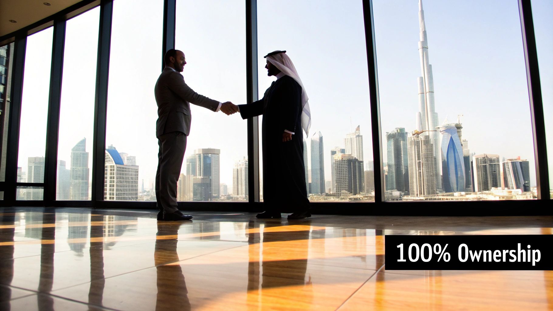 Two diverse business partners shake hands in an office overlooking the Dubai skyline, representing 100% ownership.