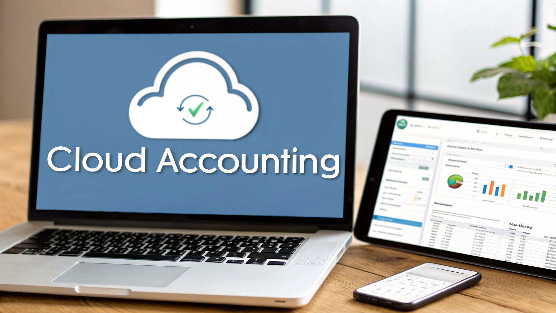 Laptop displaying 'Cloud Accounting' software, tablet showing financial charts, and a smartphone on a wooden desk.