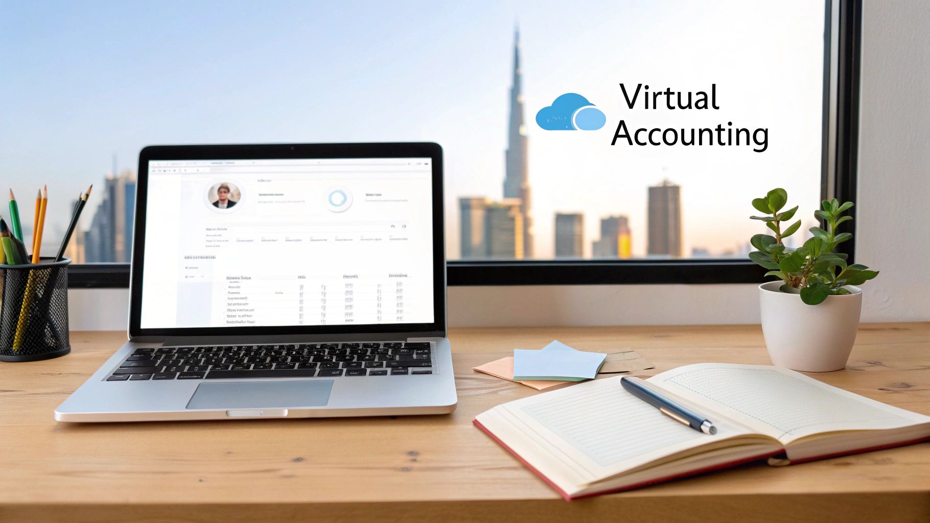 A professional working on a laptop in a modern office, representing the shift to virtual accounting.