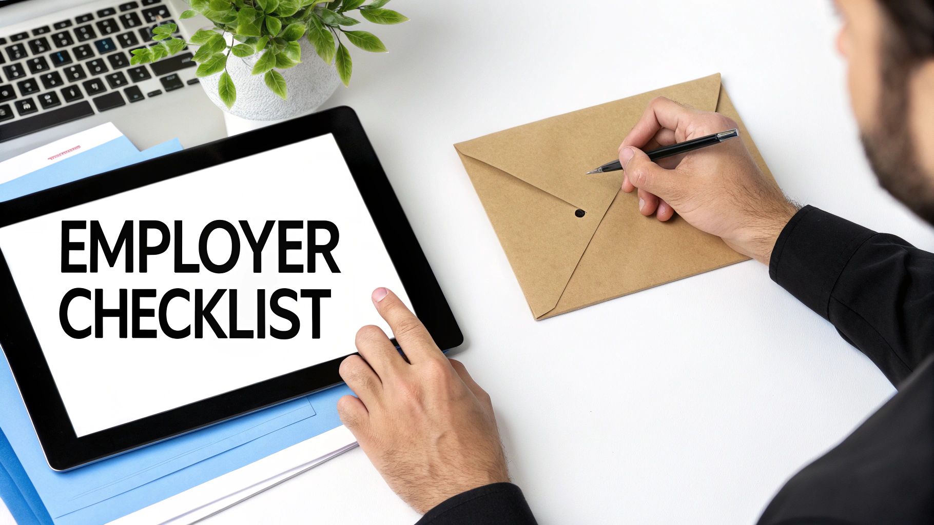 A person views an "EMPLOYER CHECKLIST" on a tablet while writing on an envelope.