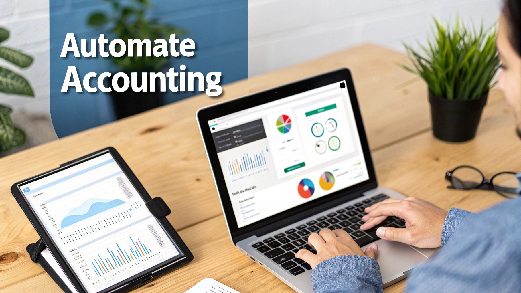 A smart office with automated systems and professionals collaborating on financial data.
