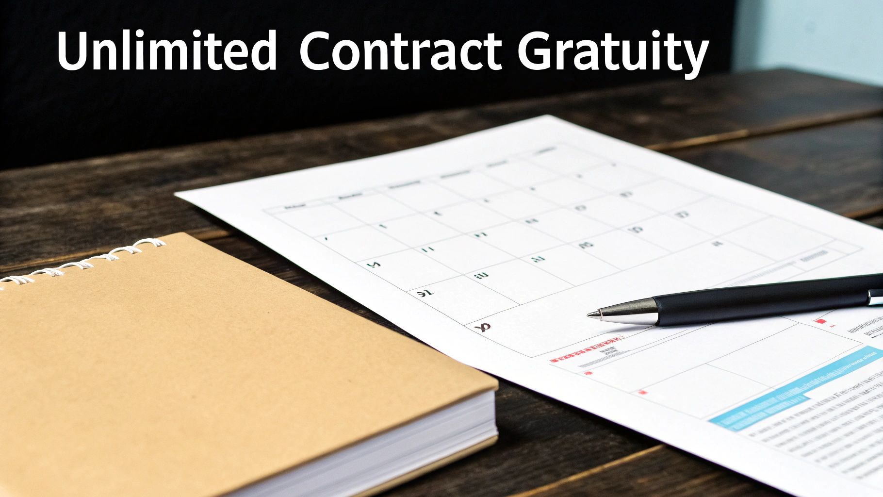 Calendar, notebook and pen on wooden desk illustrating unlimited contract gratuity calculation planning