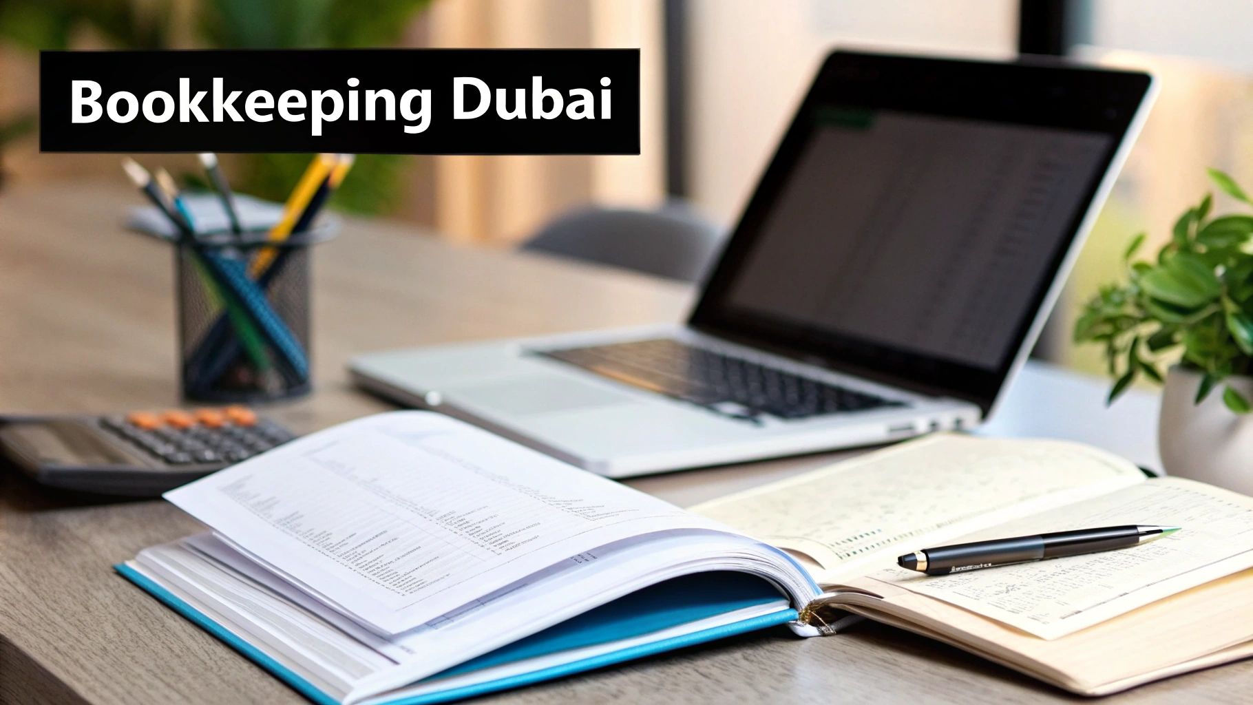A professional bookkeeper analysing financial documents on a desk with a laptop and calculator.