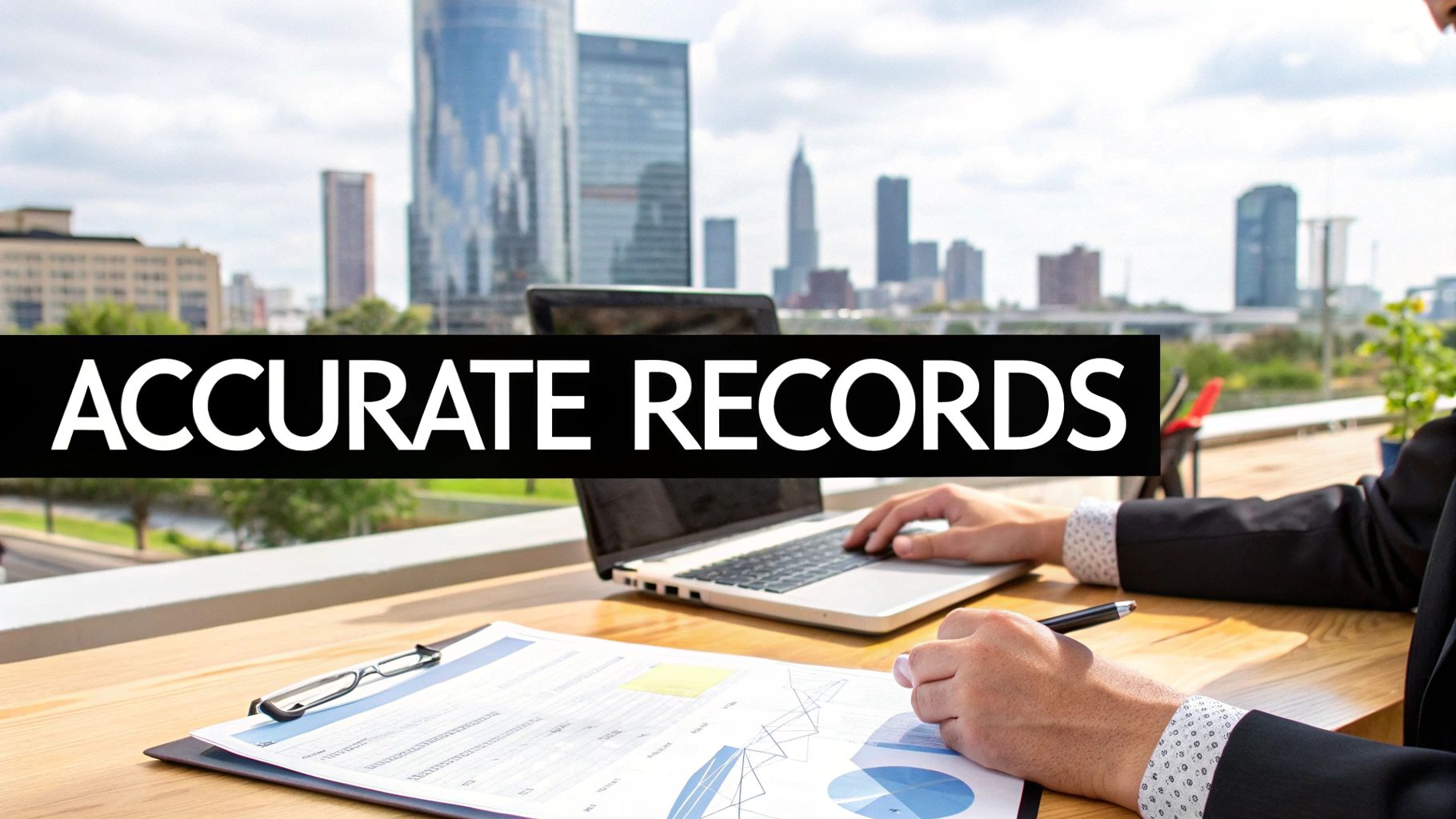 An organised desk with a laptop displaying financial charts, representing professional bookkeeping in Dubai.