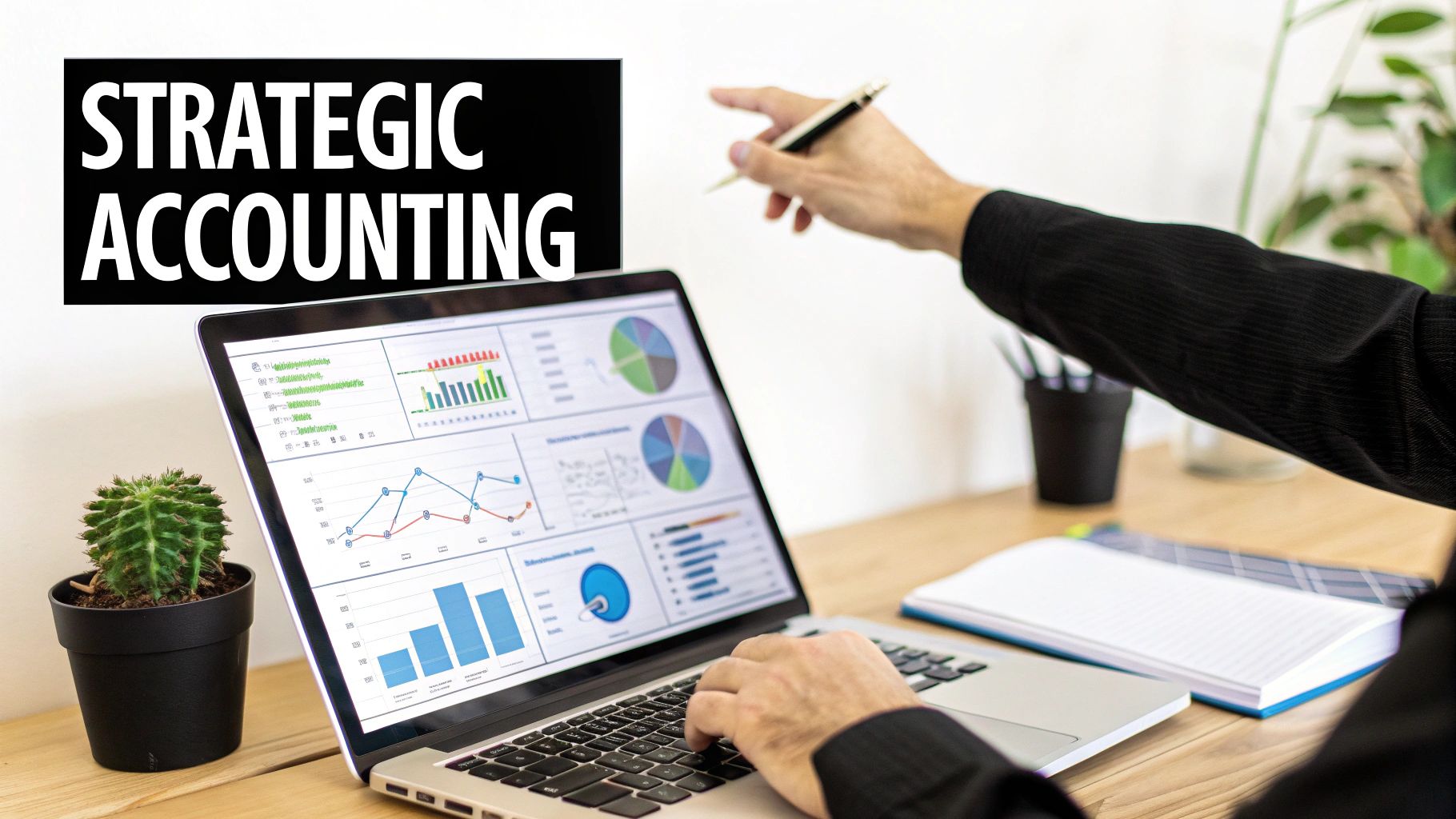 Person working on a laptop displaying strategic accounting data, pointing with a pen.