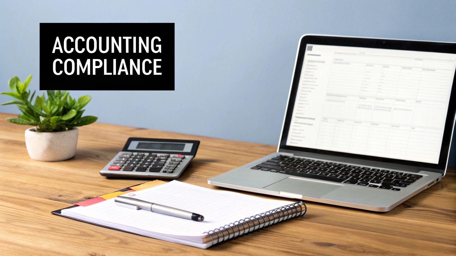 A desk setup for accounting compliance with a laptop, calculator, plant, notebook, and pen.