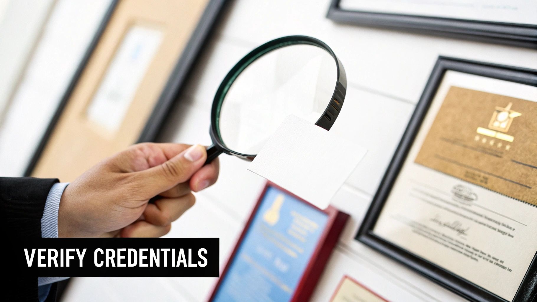 A business professional reviewing documents with a magnifying glass, symbolising the vetting process.