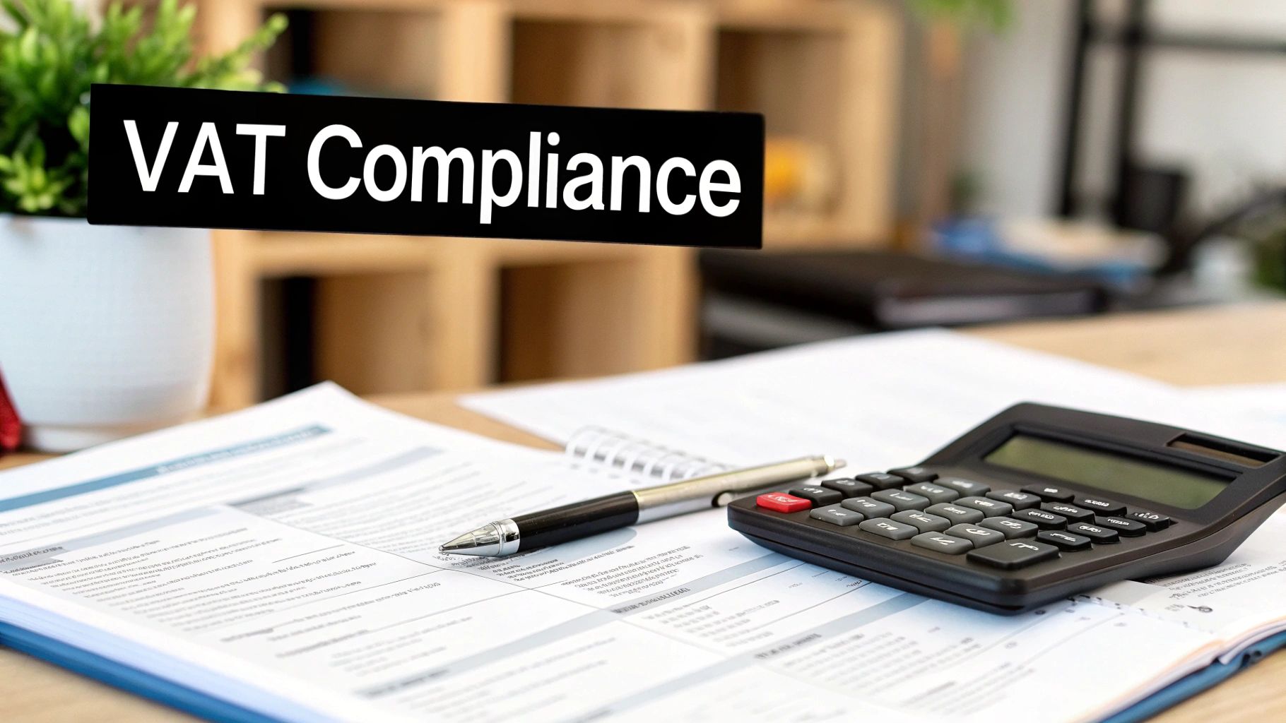 VAT compliance documents with calculator and pen on desk for business accounting