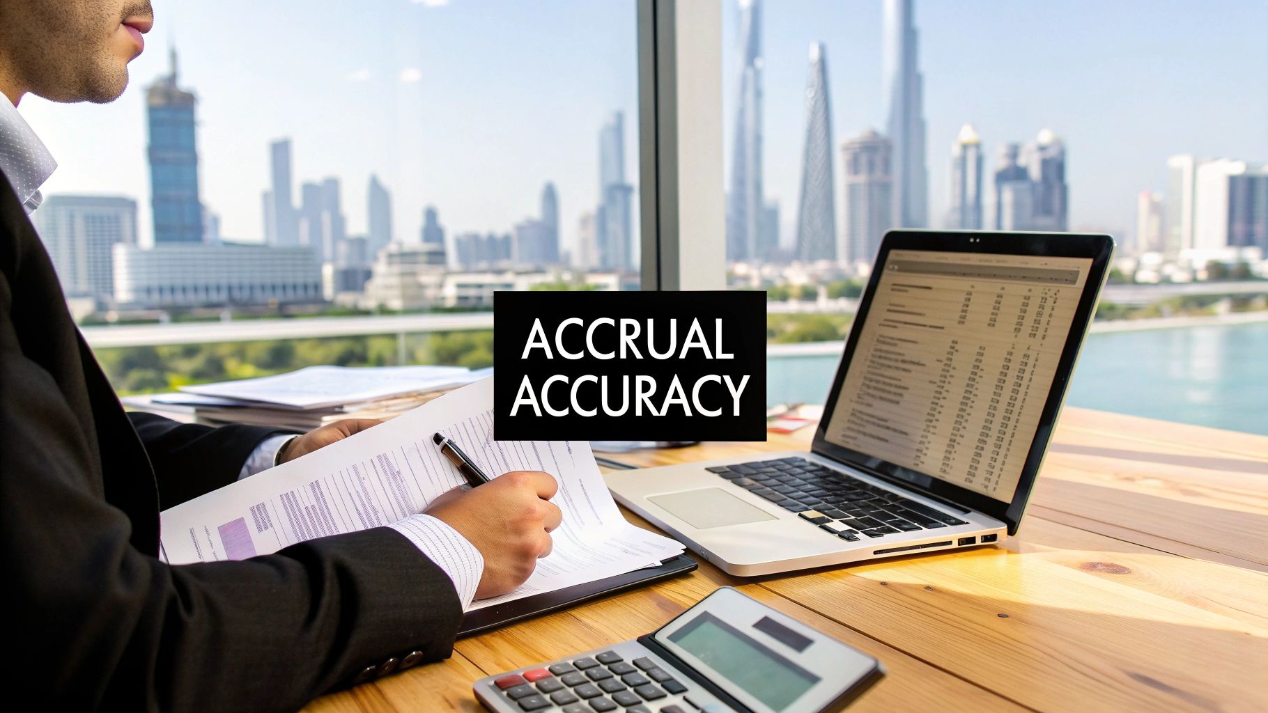 Businessman reviewing financial accrual accuracy with a laptop and calculator in a modern office.