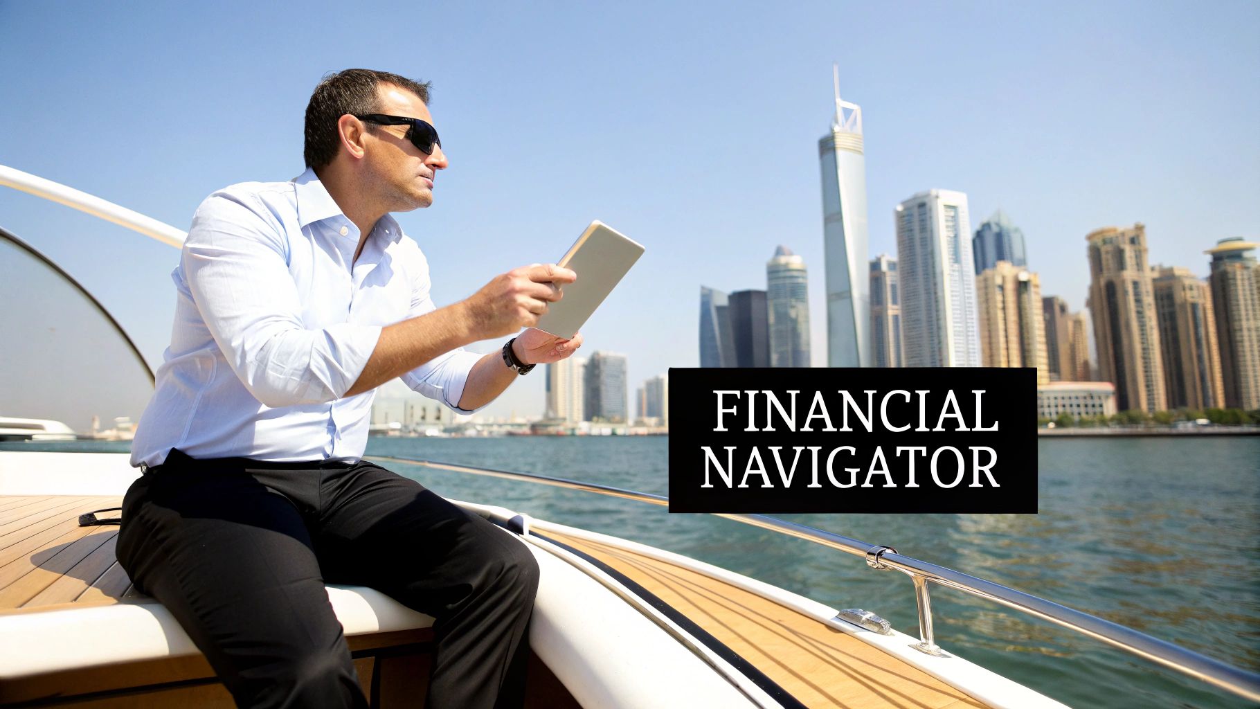 A man in sunglasses on a yacht, holding a tablet, with a modern financial skyline in Dubai.