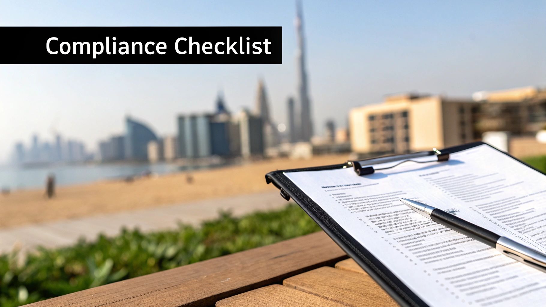 A compliance checklist and pen on a wooden table overlooking the iconic Dubai skyline.