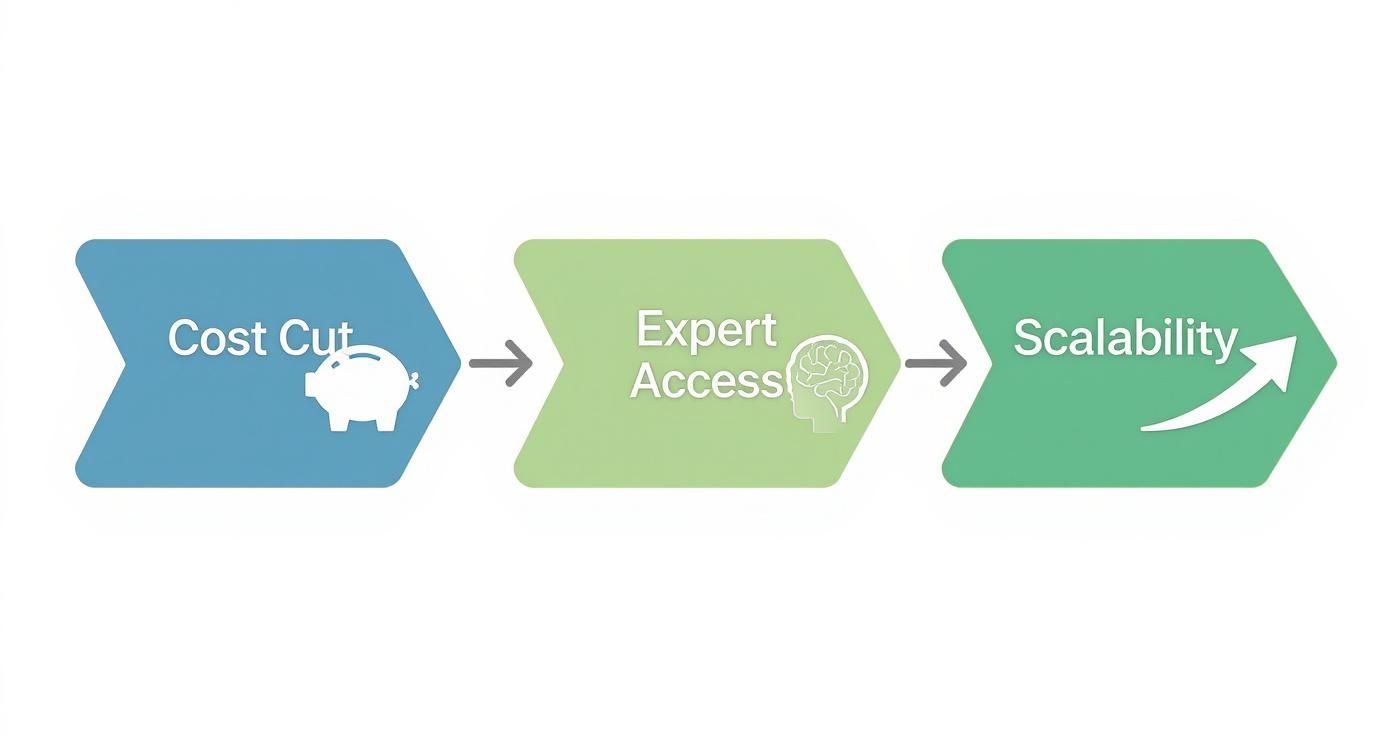 Infographic showing the benefits of outsourcing accounting: Cost Cut, Expert Access, and Scalability.