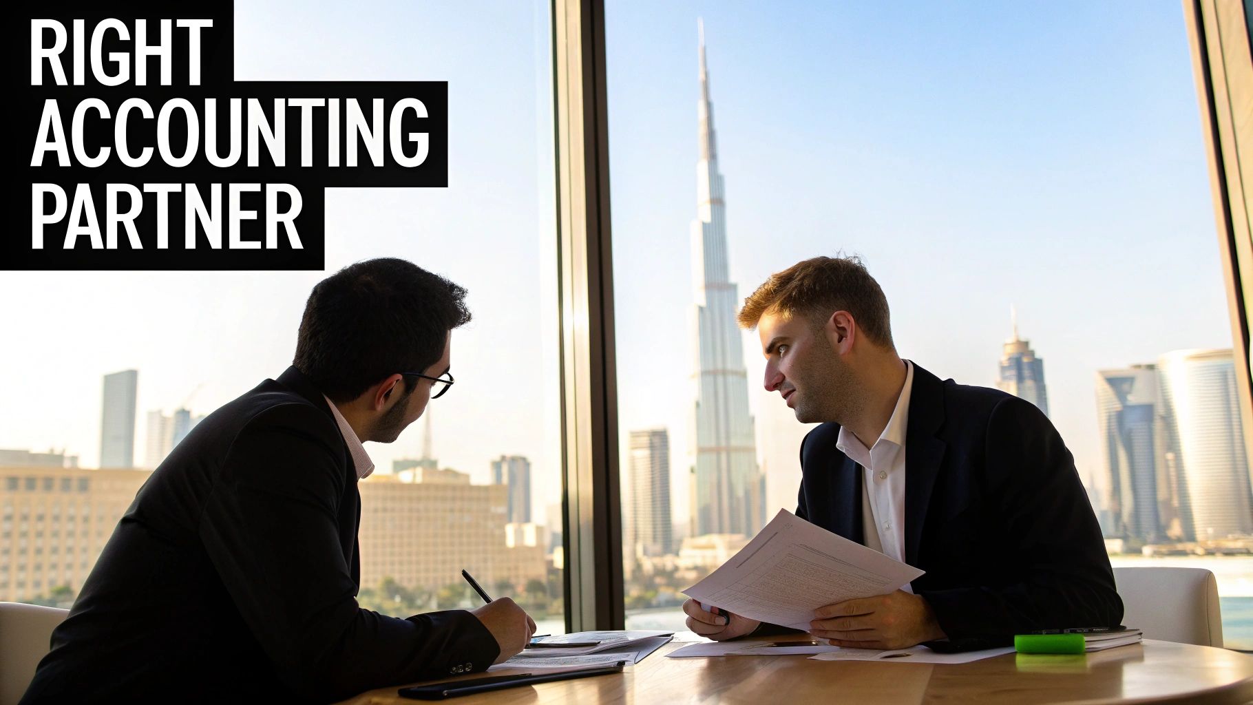 A team of professionals collaborating around a table with financial charts and laptops in a modern Dubai office setting.