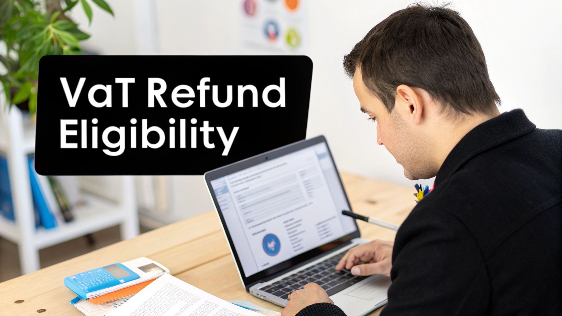 A person reviewing financial documents on a laptop, symbolising the VAT refund process