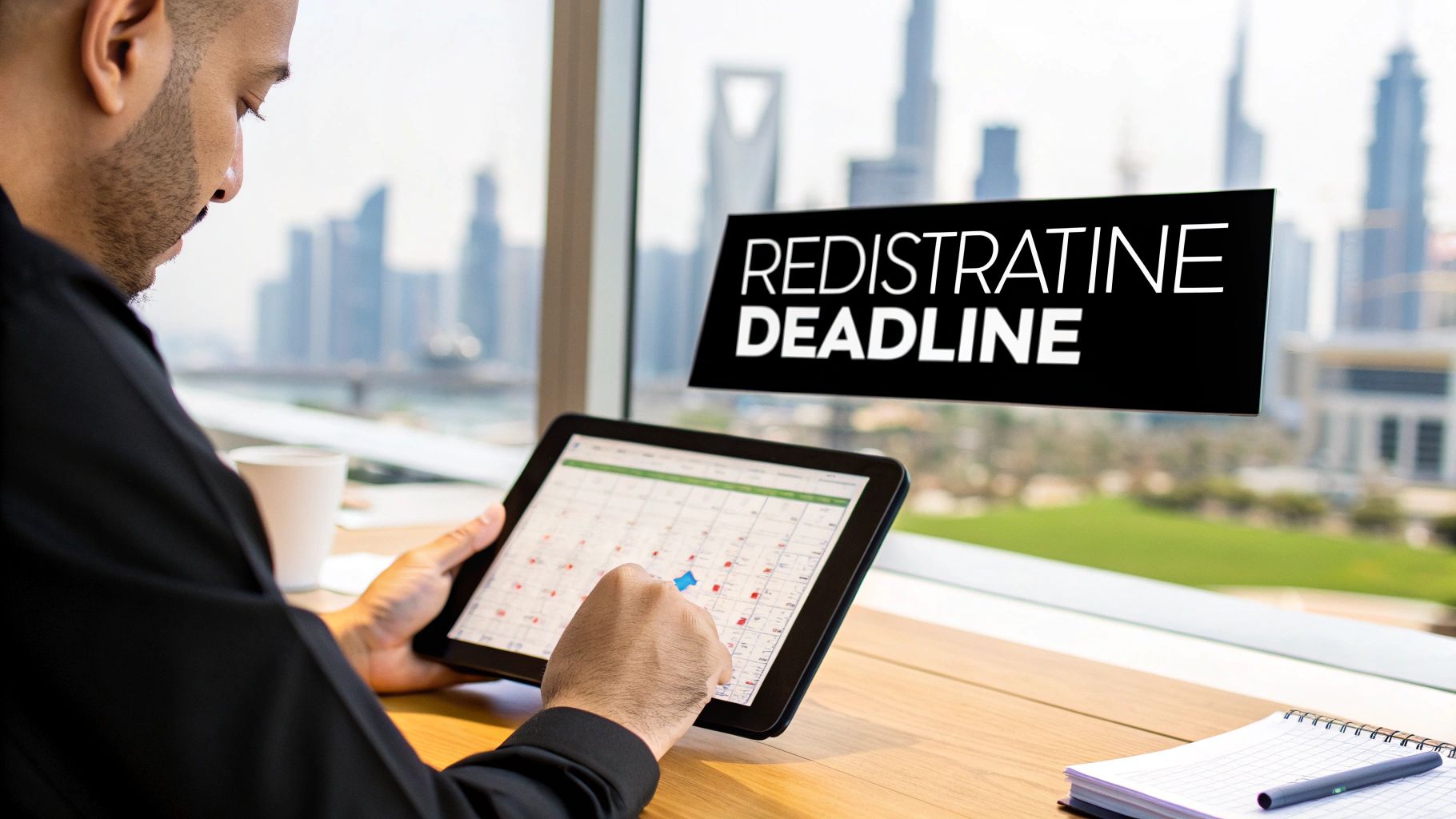 A man marks a 'REDISTRATIVE DEADLINE' on a digital calendar with a city view.
