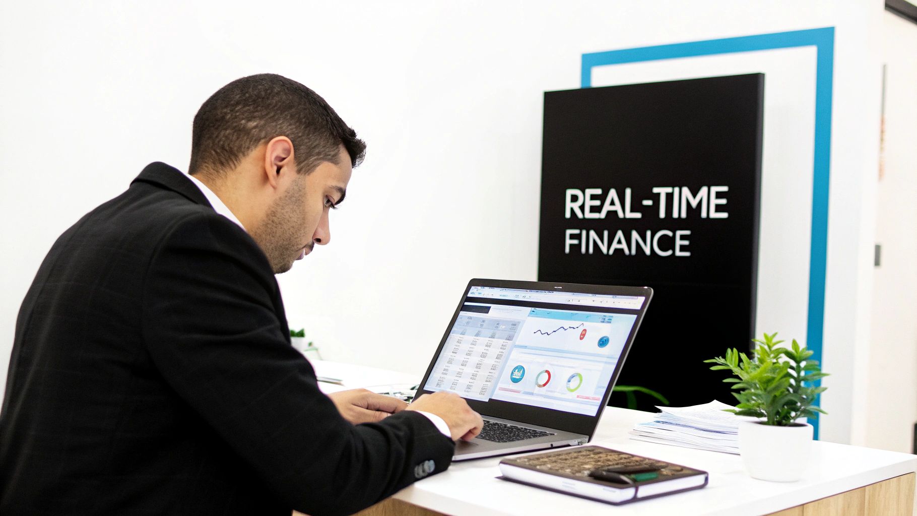 Focused man in a suit using a laptop displaying financial dashboards, with a "REAL-TIME FINANCE" sign in the background.