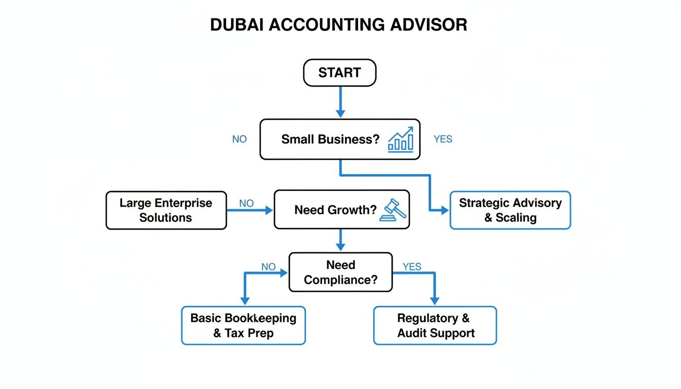 Flowchart guiding businesses through Dubai accounting advisory services based on their specific needs.